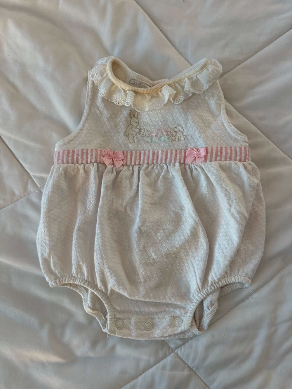 Vintage 80s Carter's Cream & Pink Baby Girl Romper